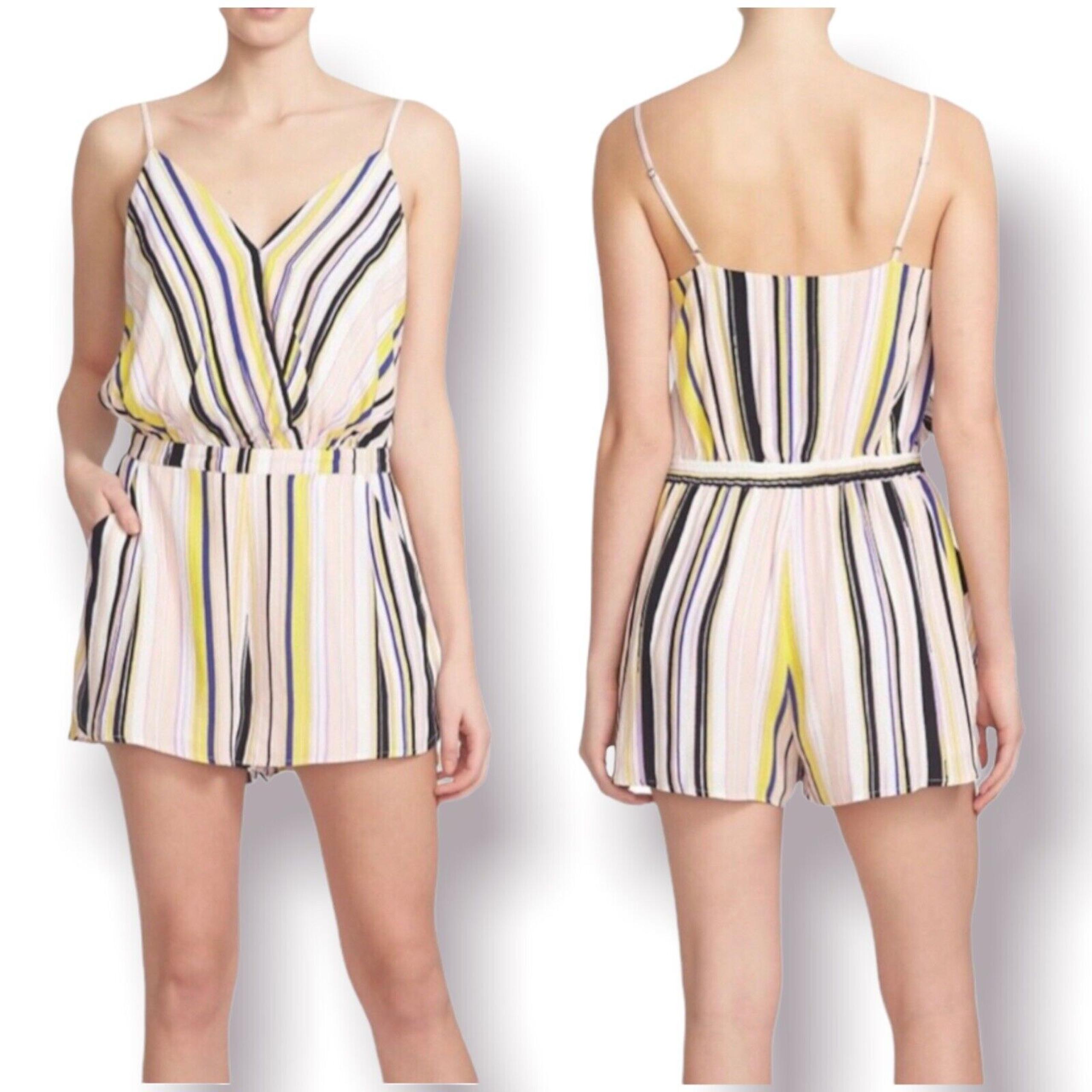 1 State Pink Black Lavender Striped V-Neck Romper with Pockets Women's Size S