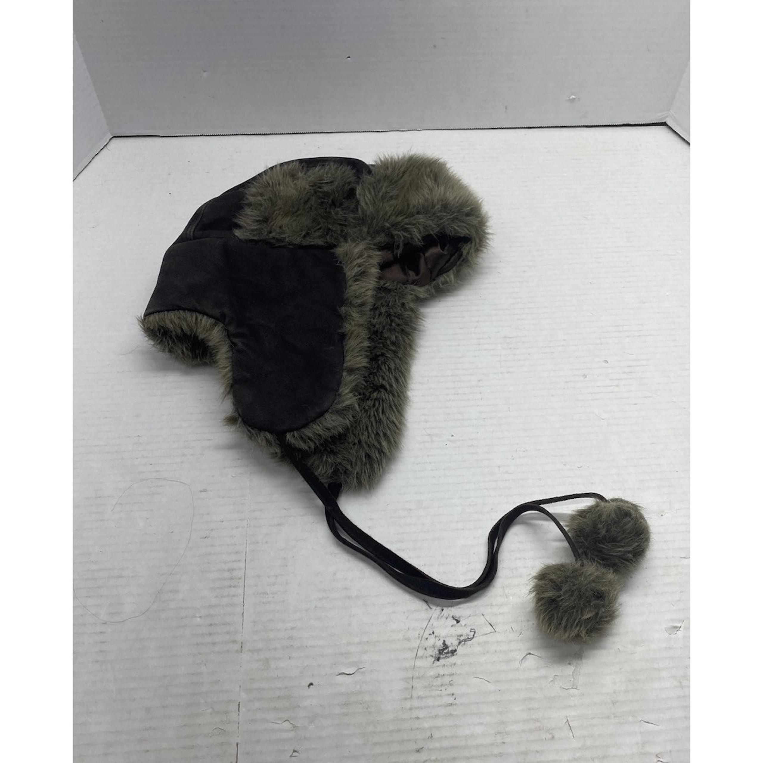 Eddie Bauer Winter Hat - Ear Flaps - Leather Outer Shell - Faux Fur Lining - S/M