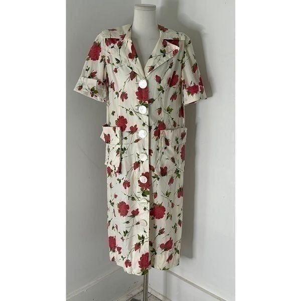 Vintage 40s Rose Print Cotton Day Dress With Huge Buttons