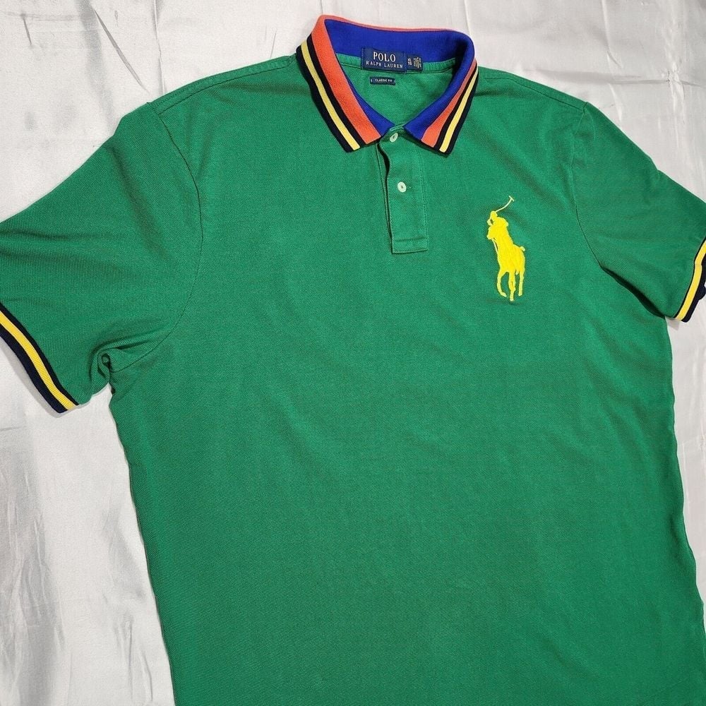Ralph Lauren Big Pony Shirt Men XL Double Knit Polo Contrast Collar Rasta Y2K