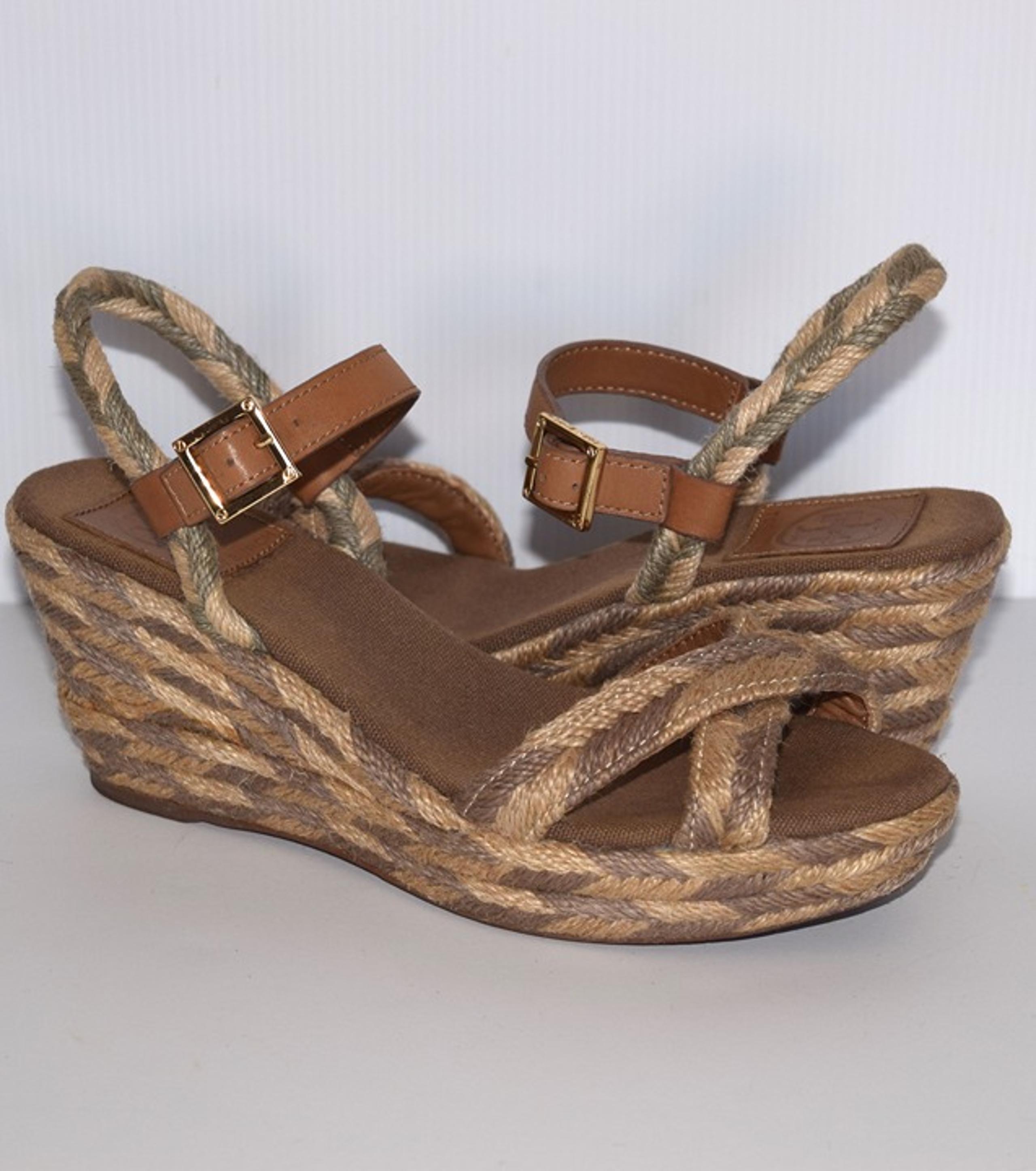 Tory Burch Camelia Braided Rope Beige Ankle Strap Mid Wedge Espadrille Size 8M