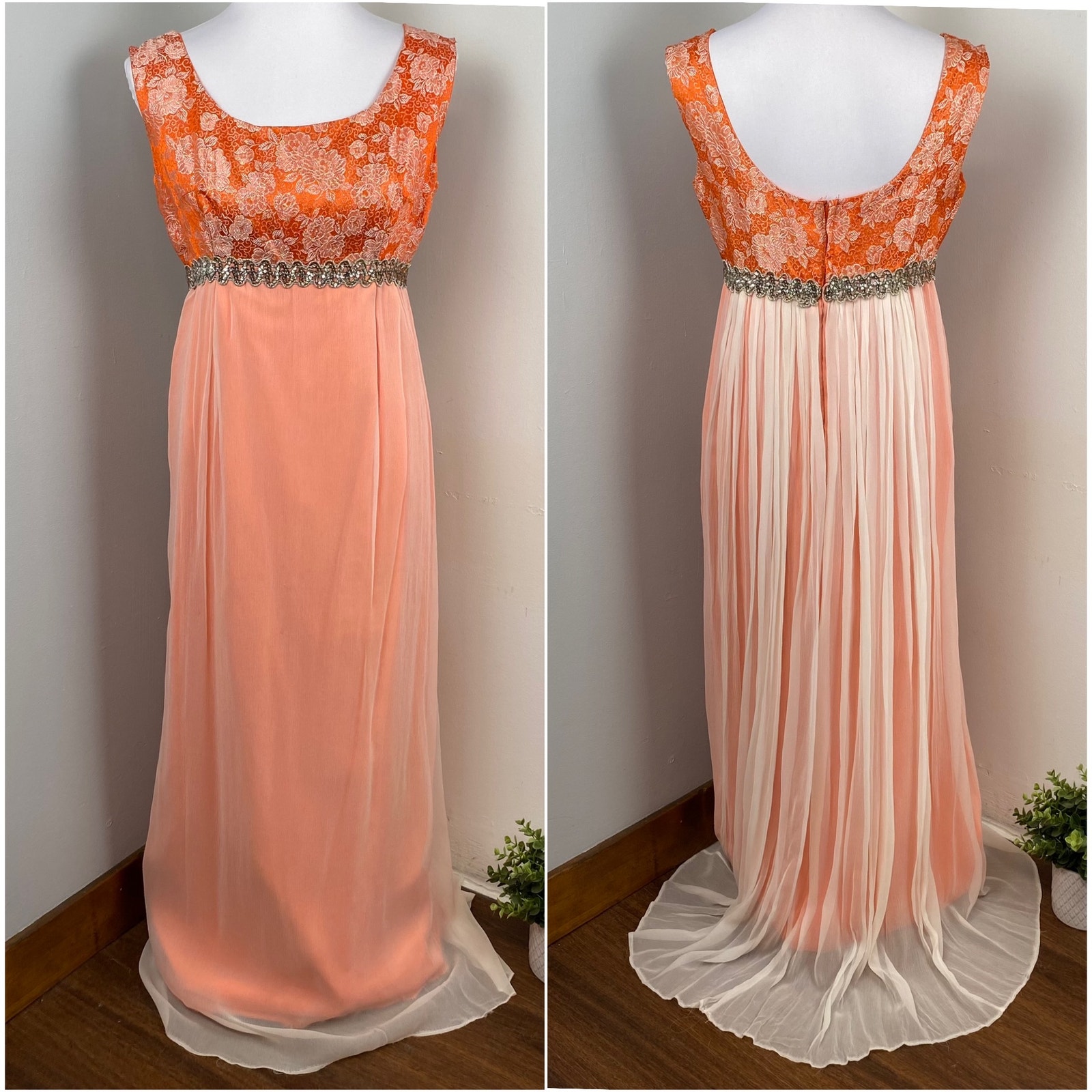 Vintage 60s Orange Empire Waist Sleeveless Chiffon Maxi Gown
