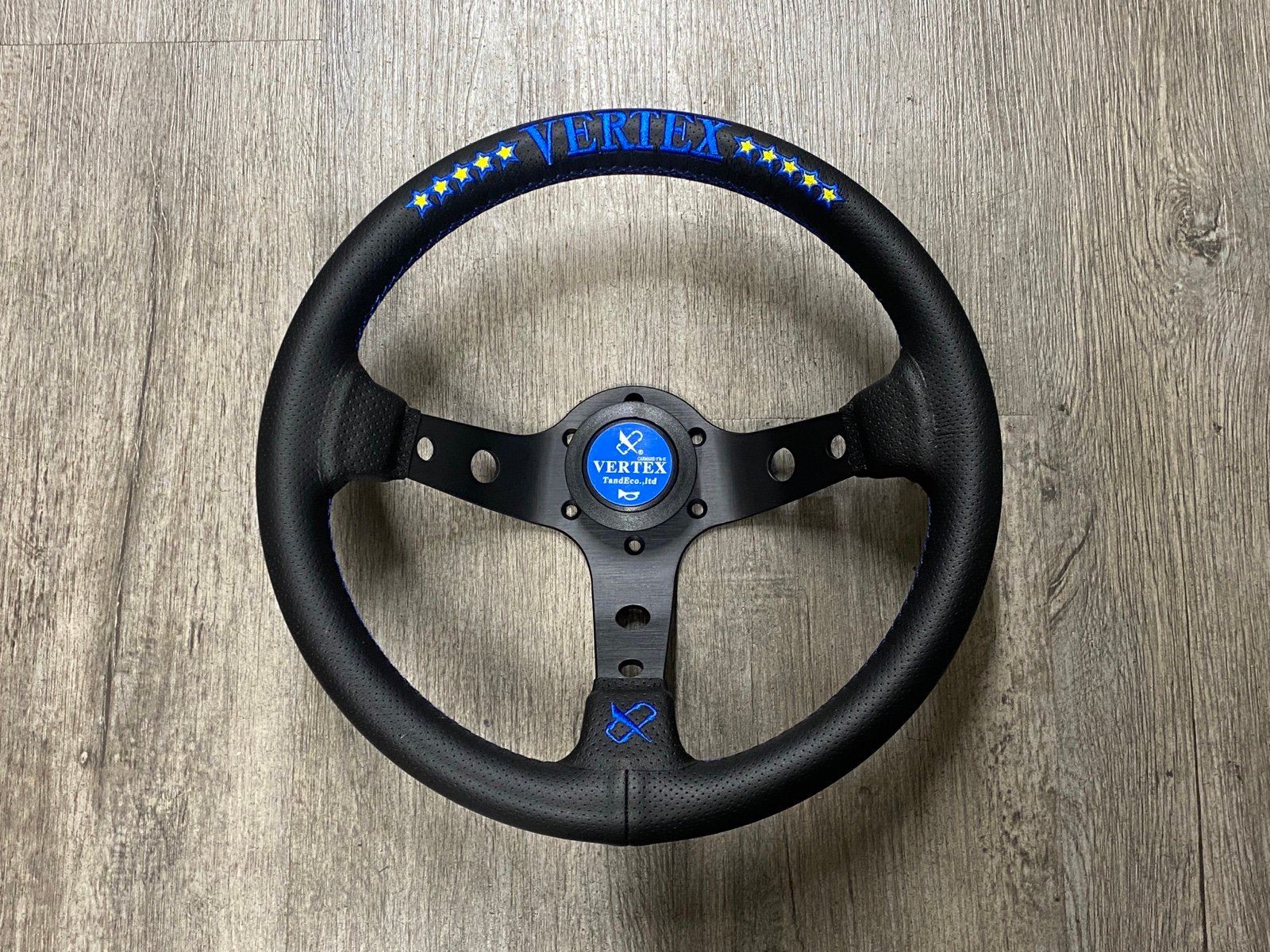 Vertex 1996 Style Leather Steering Wheel Deep Dish Blue Stitch Race Drift 330mm