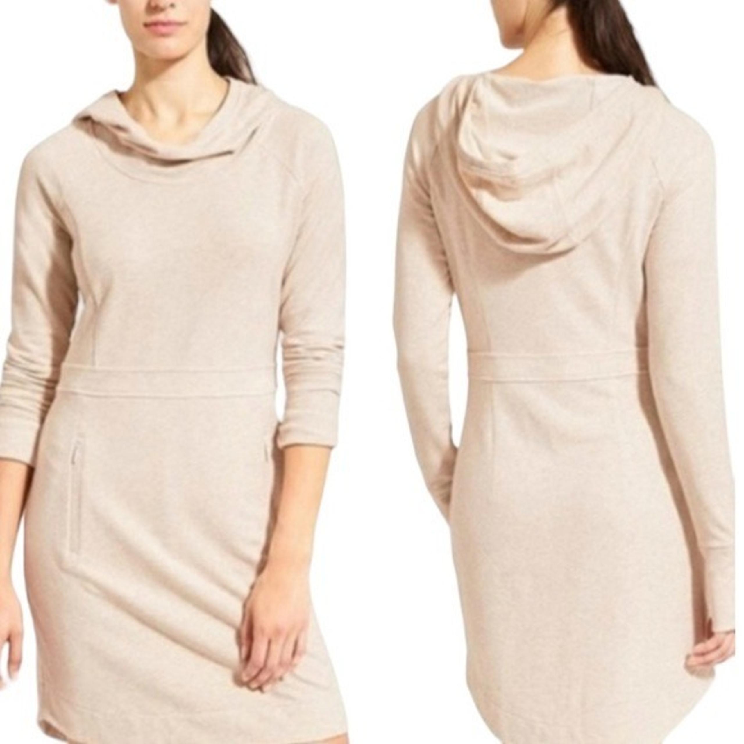 Athleta Cool Down Dress Beige XS P Long Sleeve Kangaroo Pocket Hood Long Sleeve