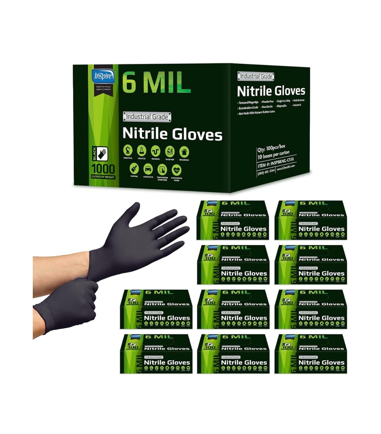 Inspire HEAVY DUTY 6Mil ORIGINAL Quality Stretch Nitrile Black Gloves Disposable