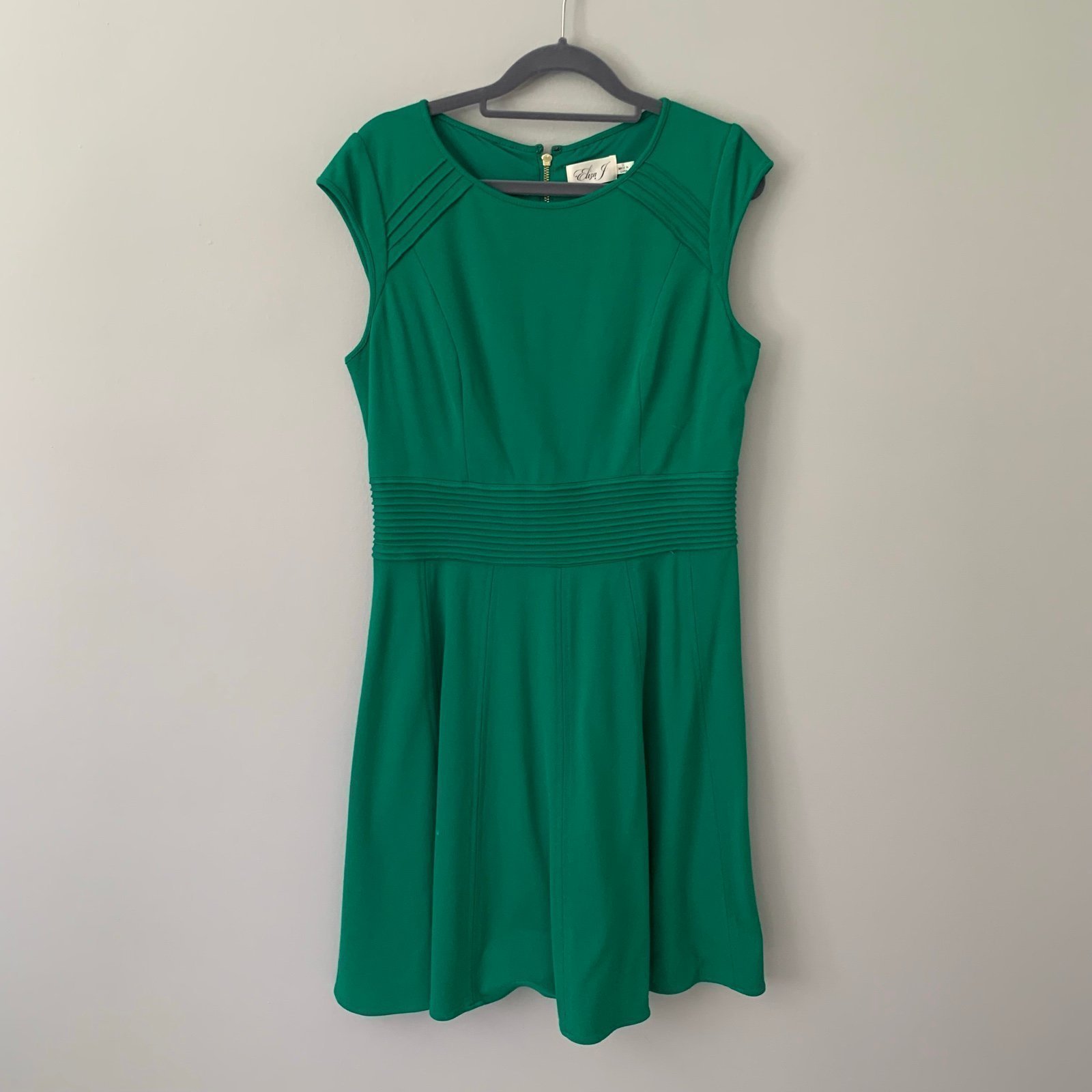 Eliza J emerald green pintucked waist seamed ponte knit fit and flare dress