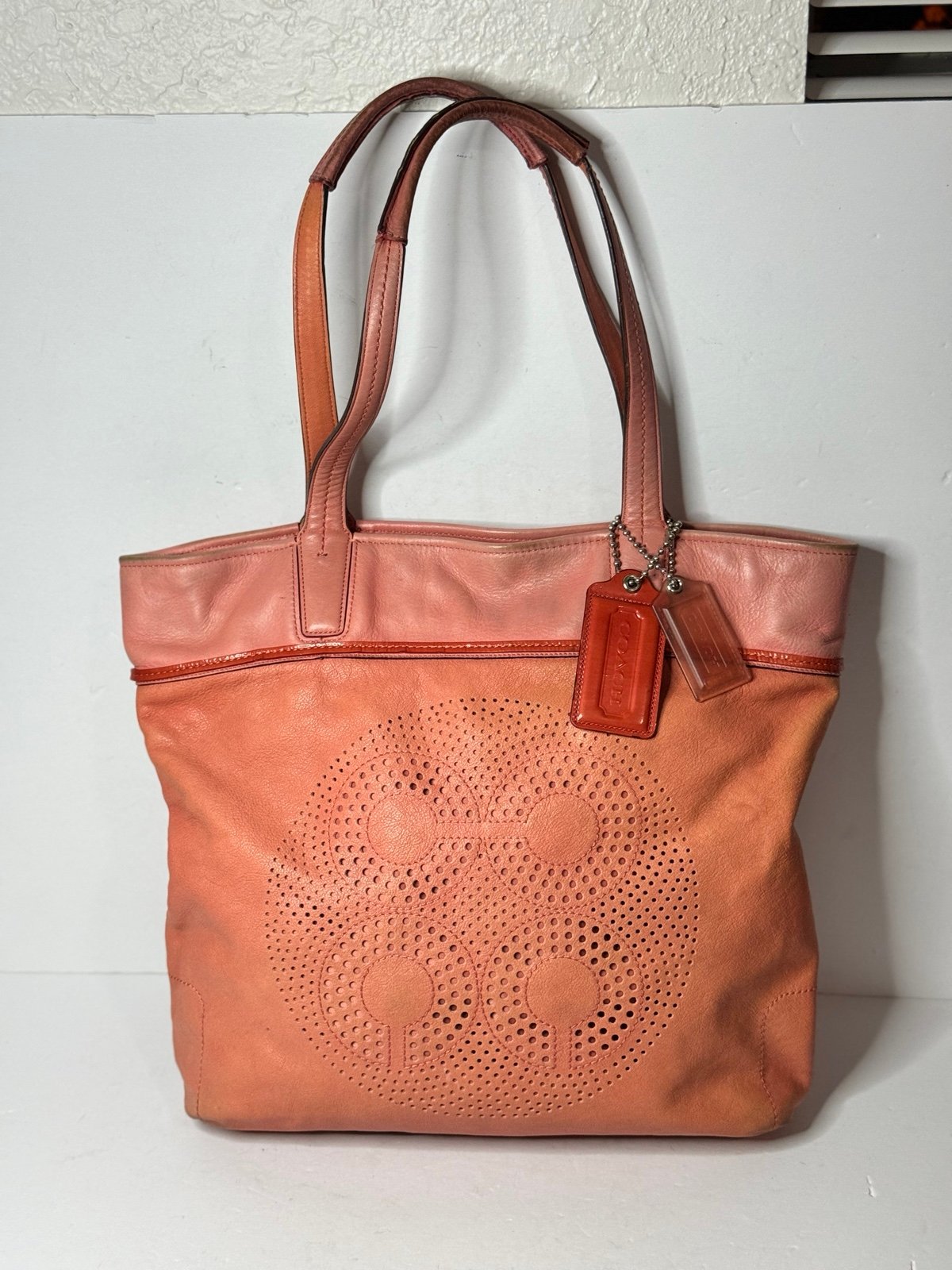 Coach Julia Leather North South Leigh Slim Bag Tote Shoulder Bag Peach