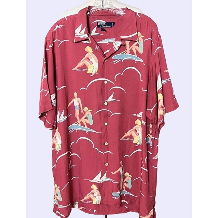 Vintage Polo Ralph Lauren Surfing Print Men's Shirt L Red Retro Surfers