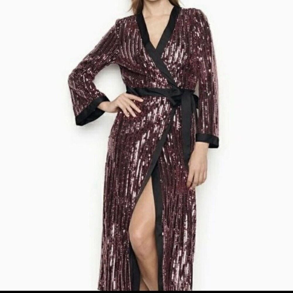 Victoria Secret VS Long Sequin Wrap Dress XS/S Feminine Sheer Coquette Romantic