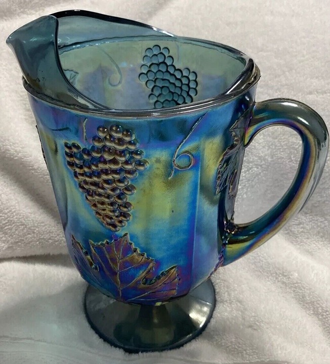 Vintage Carnival Glass Large Water Pitcher Blue Grapes 6 Wide 9 Tall