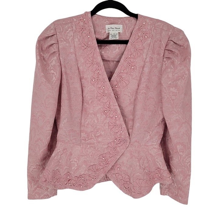 In The Mood womens 10 VTG Pink pearl lace trim jacquard pleated shoulder blazer