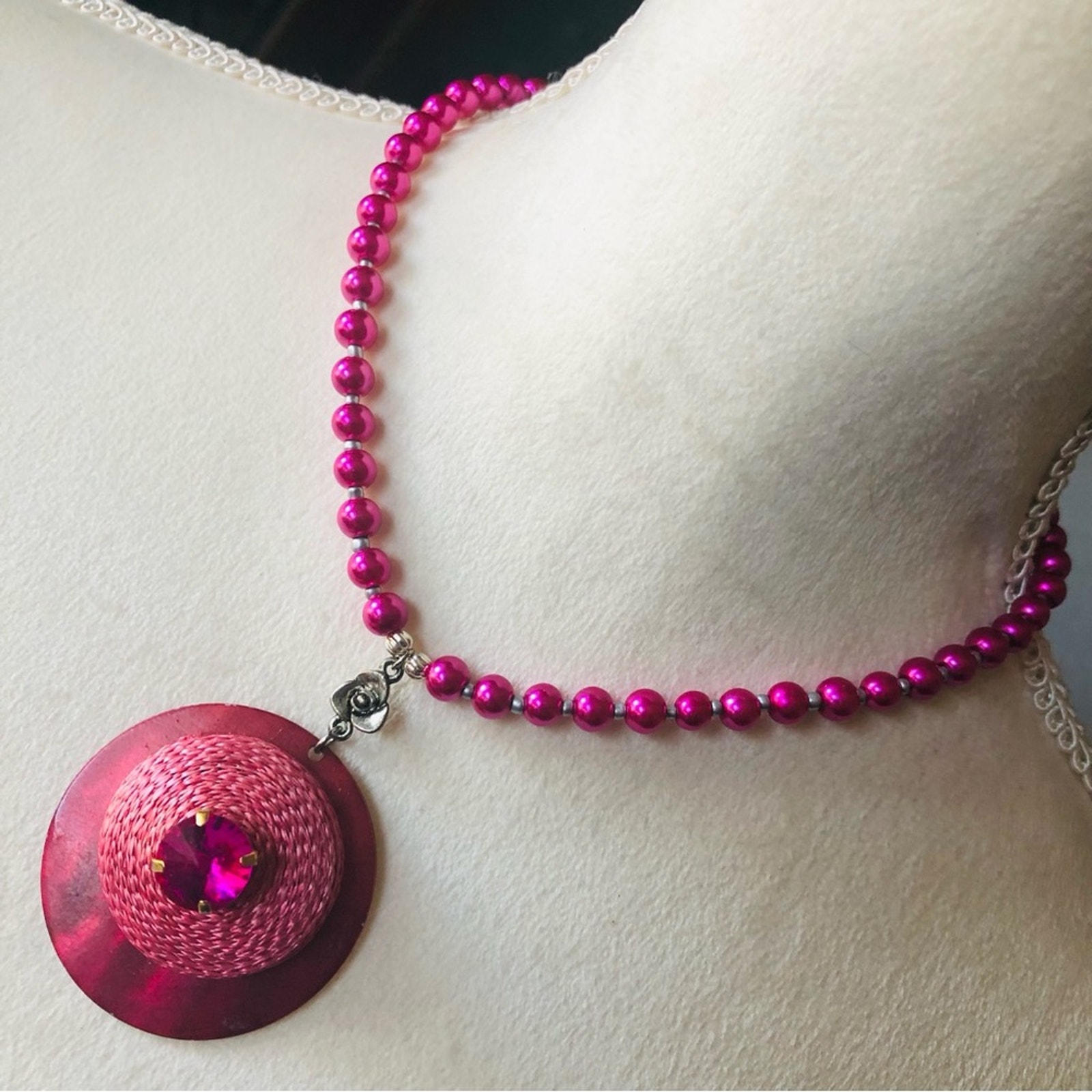 Handcrafted repurpose fuchsia pink pendant Czech glass Pearl necklace