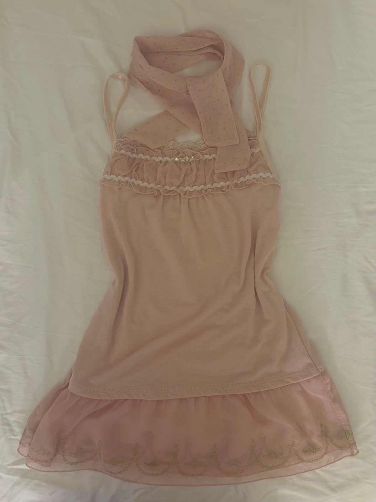 Axes Femme Baby Pink Chiffon Polka Dot Ribbon Layering Cami