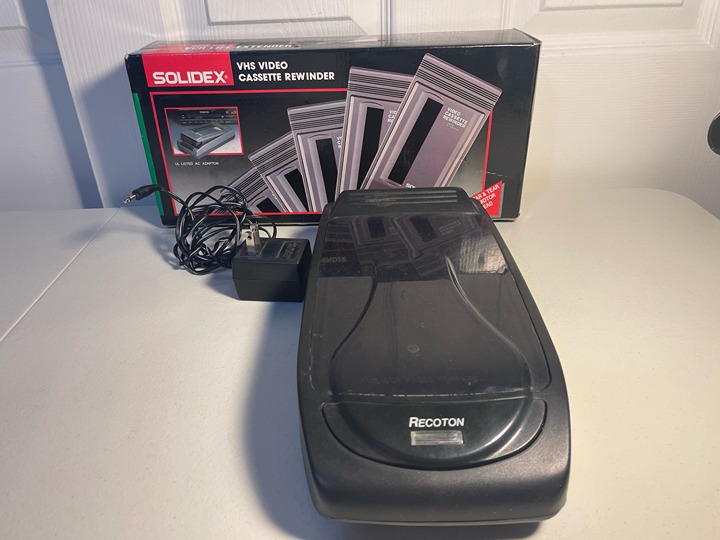 Lot of 3 Vintage VHS Rewinder items, Recoton rewinder, adapter and solidex box