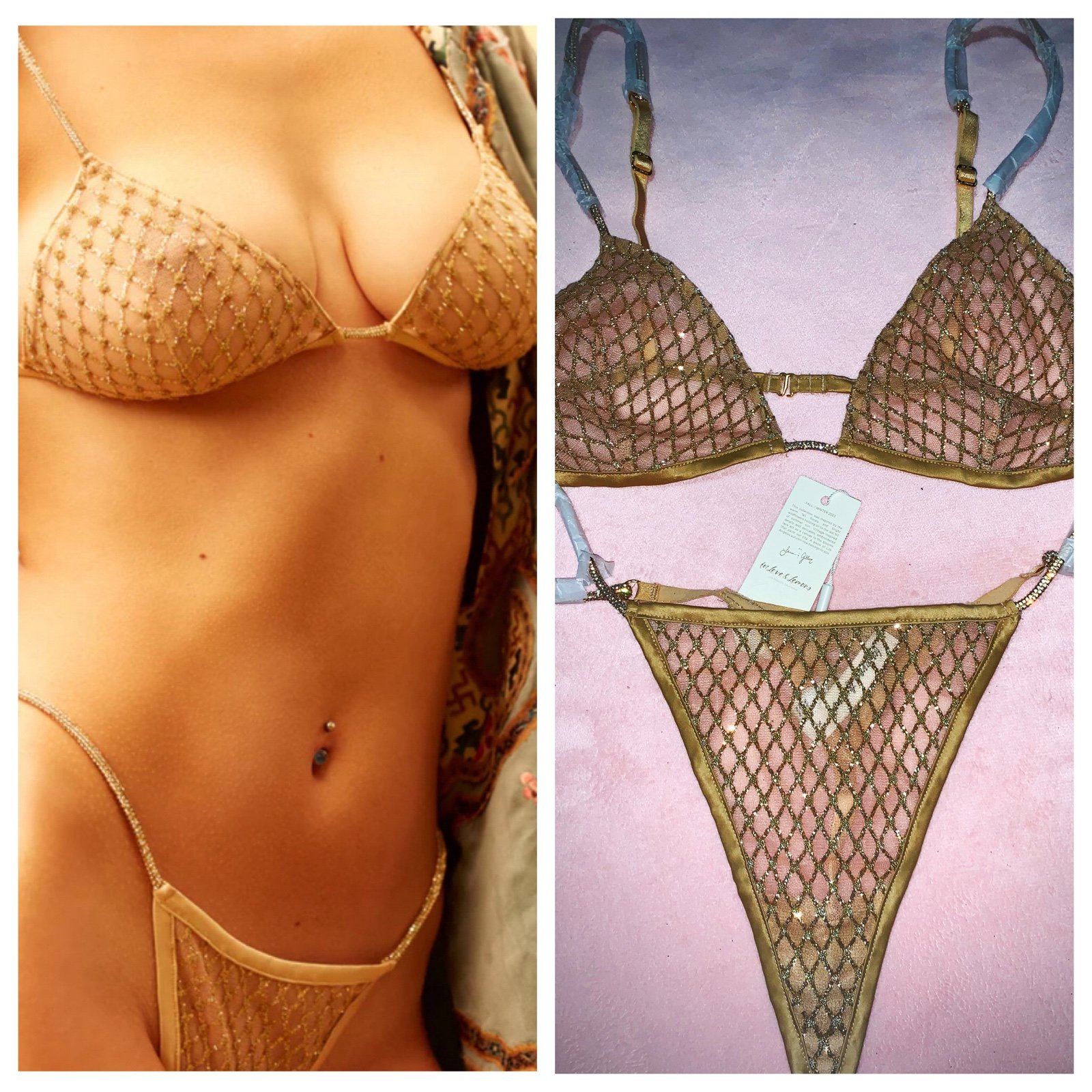 Set For Love & Lemons VS GLITTER DIAMANTE GOLD NET BRA BRALETTE + THONG XL New!