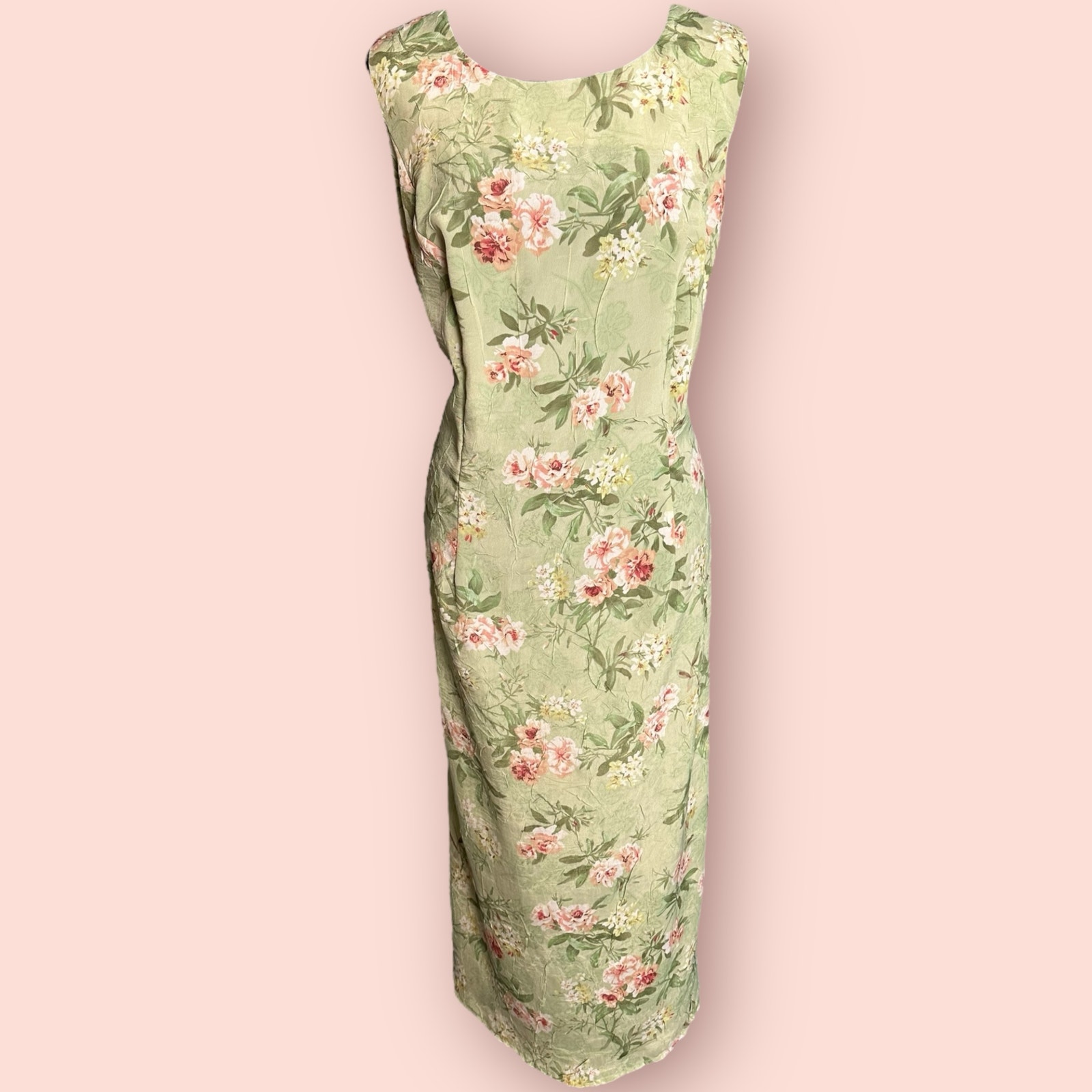 Vintage 90s pastel fairy floral midi dress Green Pink XL 14