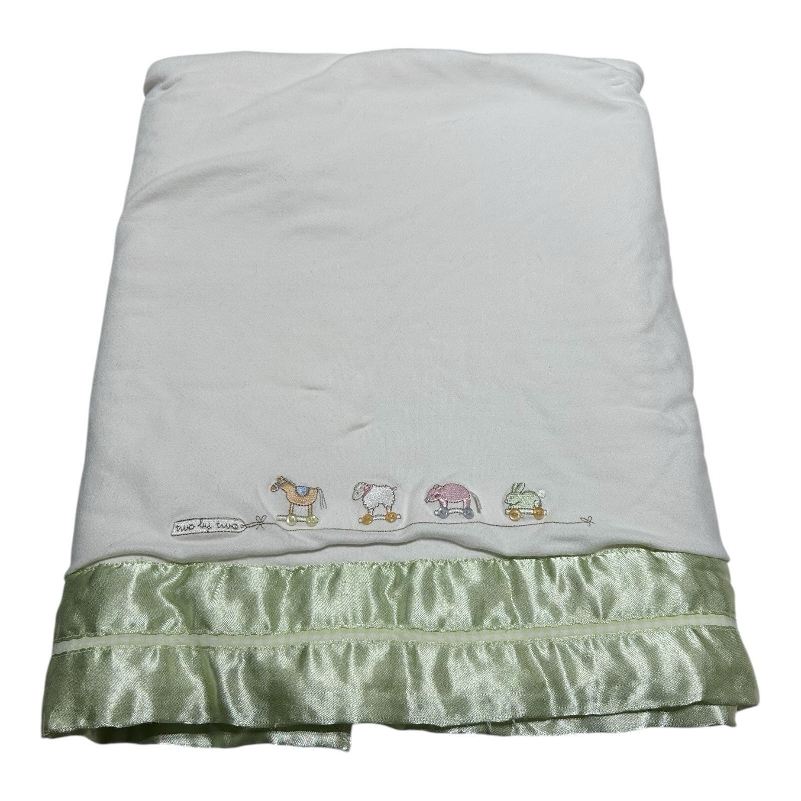 Stacy Claire Boyd Two By Two Green Satin Edge Baby Blanket Horse Sheep Pig Bunny