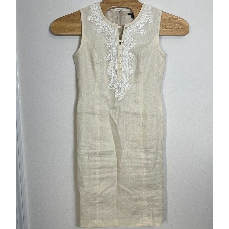 BROOKS BROTHERS Beige 100% Linen Dress Women Size 4 White Piping Trim Sleeveless