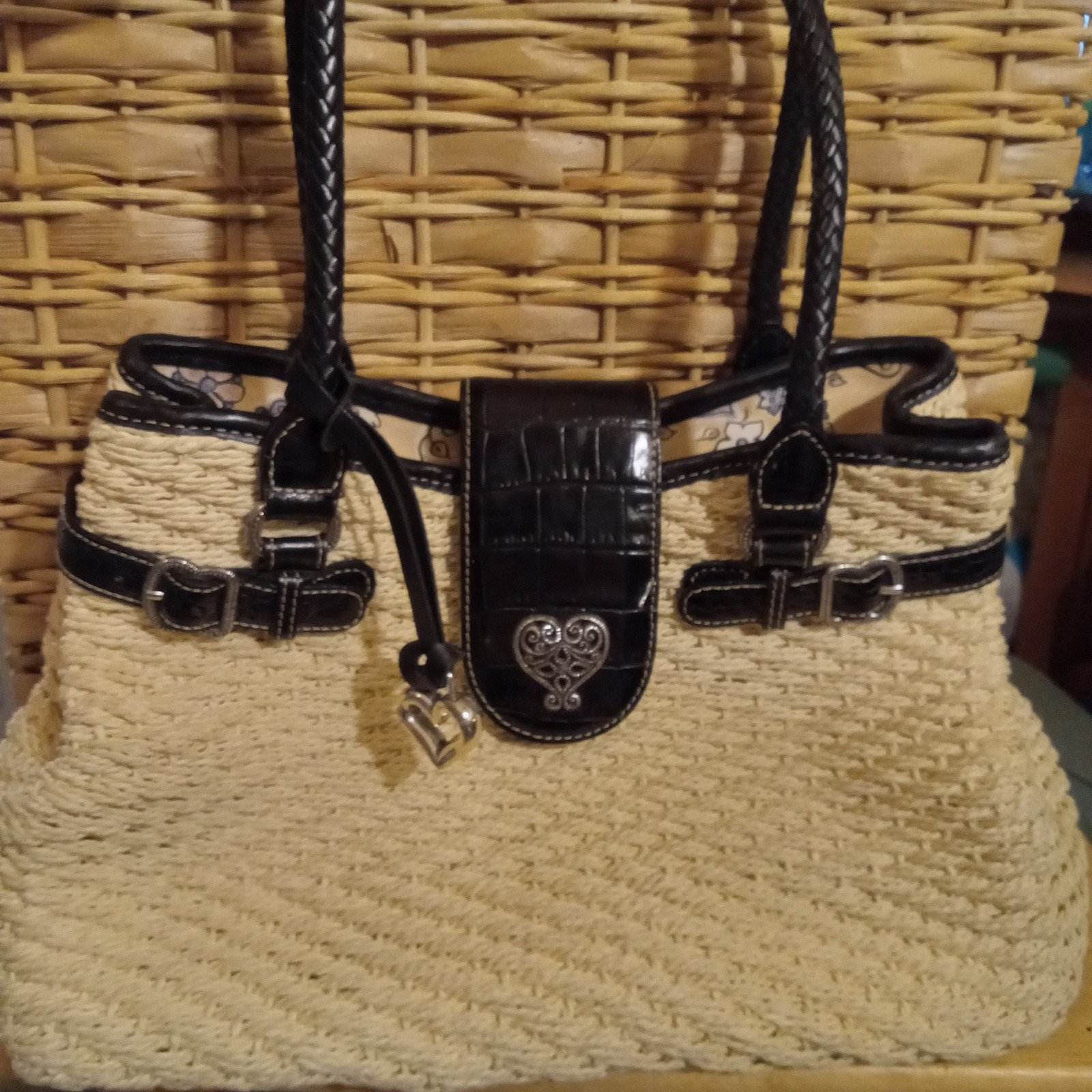 Brighton woven straw black leather straps floral lining Shoulder tote bag purse