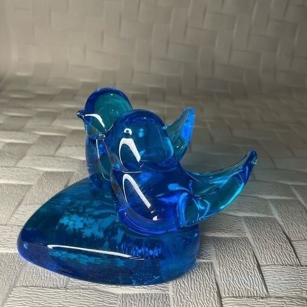 Bluebirds of Happiness Signed Dated Art Glass Double Birds Heart Base Figurine