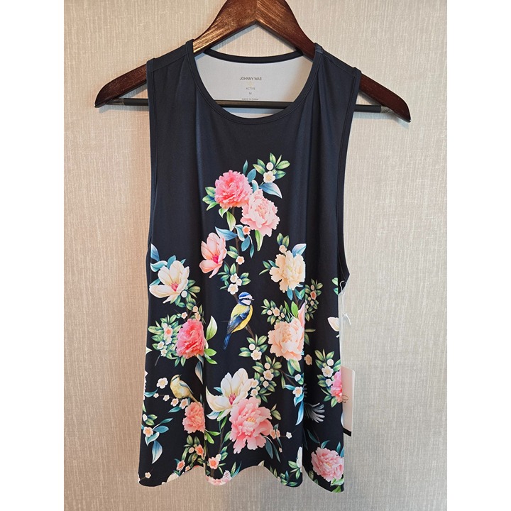 Johnny Was Bee Active Floral Sleeveless Tank Top With Gold Bee Detail Size M