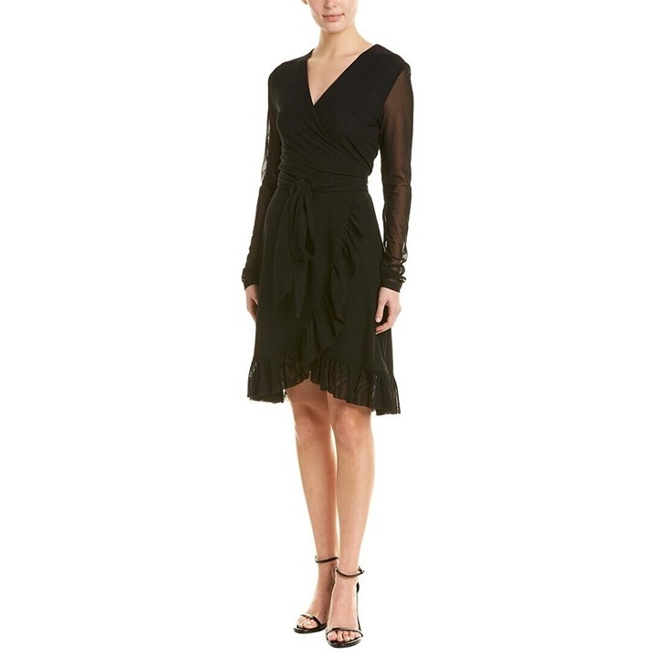 NWT Ganni Black Addison Ruffle Dot Mesh Long Sleeve Wrap Dress 38 / 4