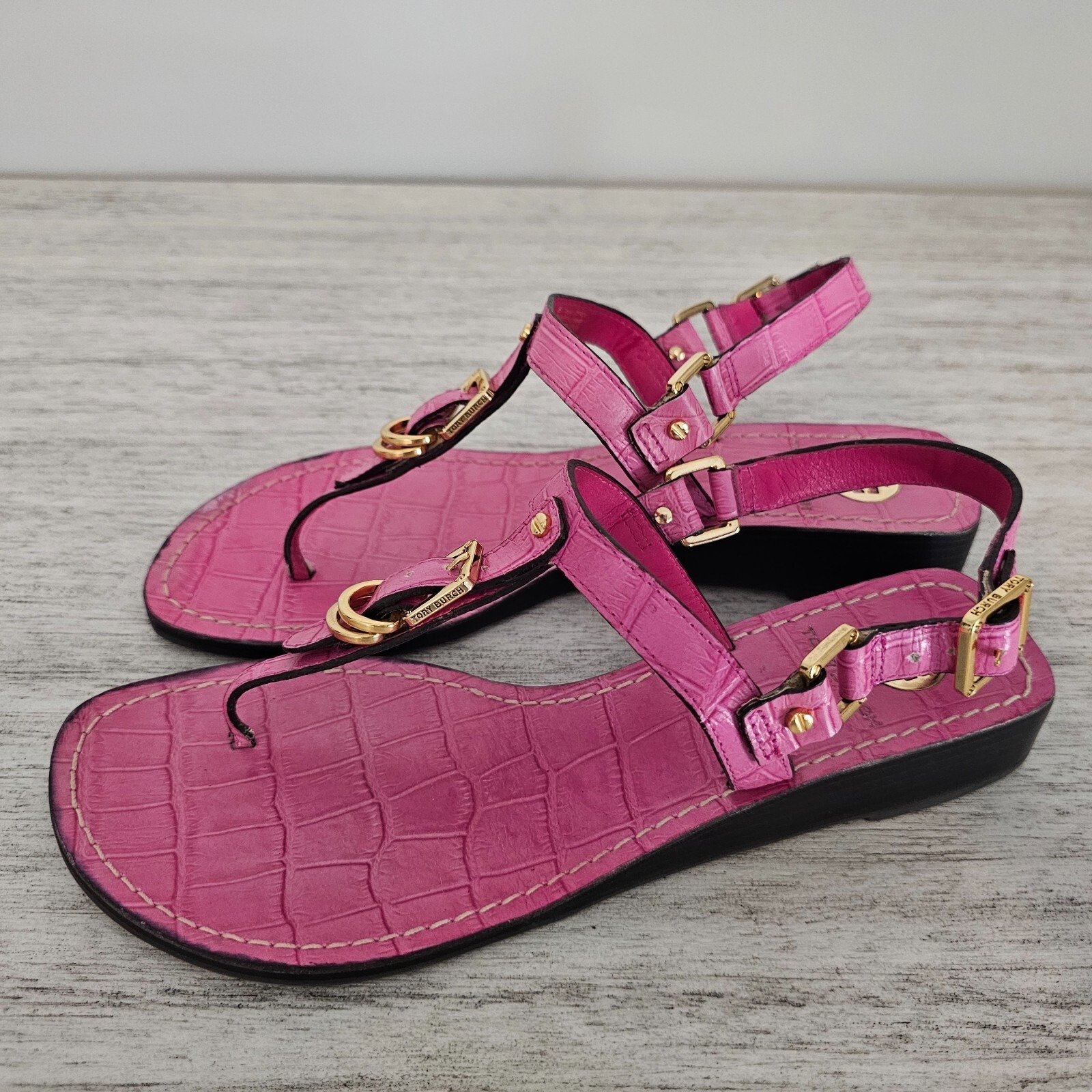 TORY BURCH Pink Trent Croc Leather T-Strap Sandals - Womens Size 8