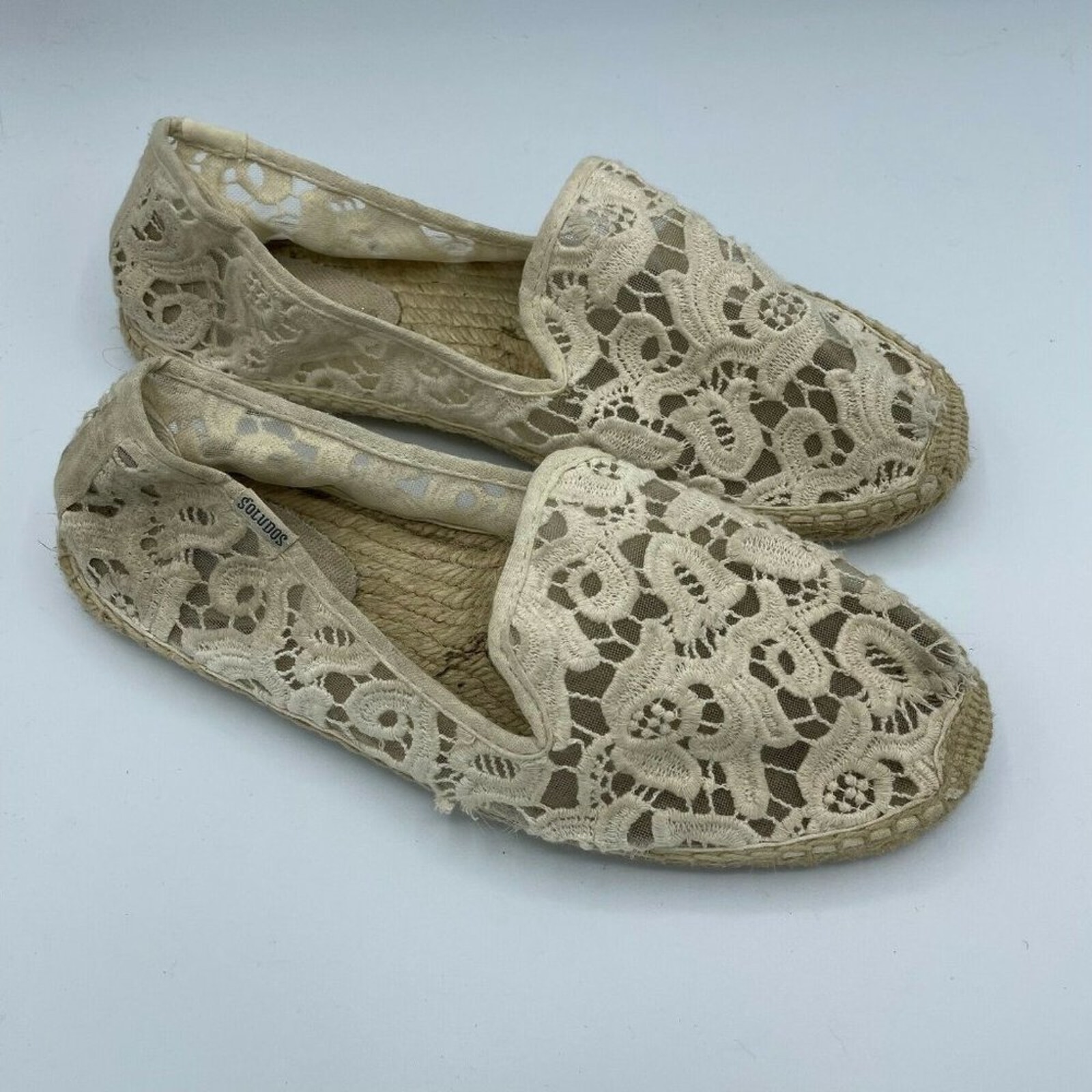 Soludos Womens Cream Tulip Lace Espadrille Slip On Flat Loafer Shoes Size 9