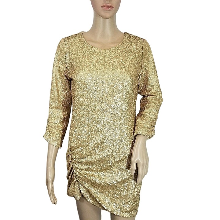 Heartloom Anthropologie Mini Dress Gold Sequin Ruched Stretch Lined Medium