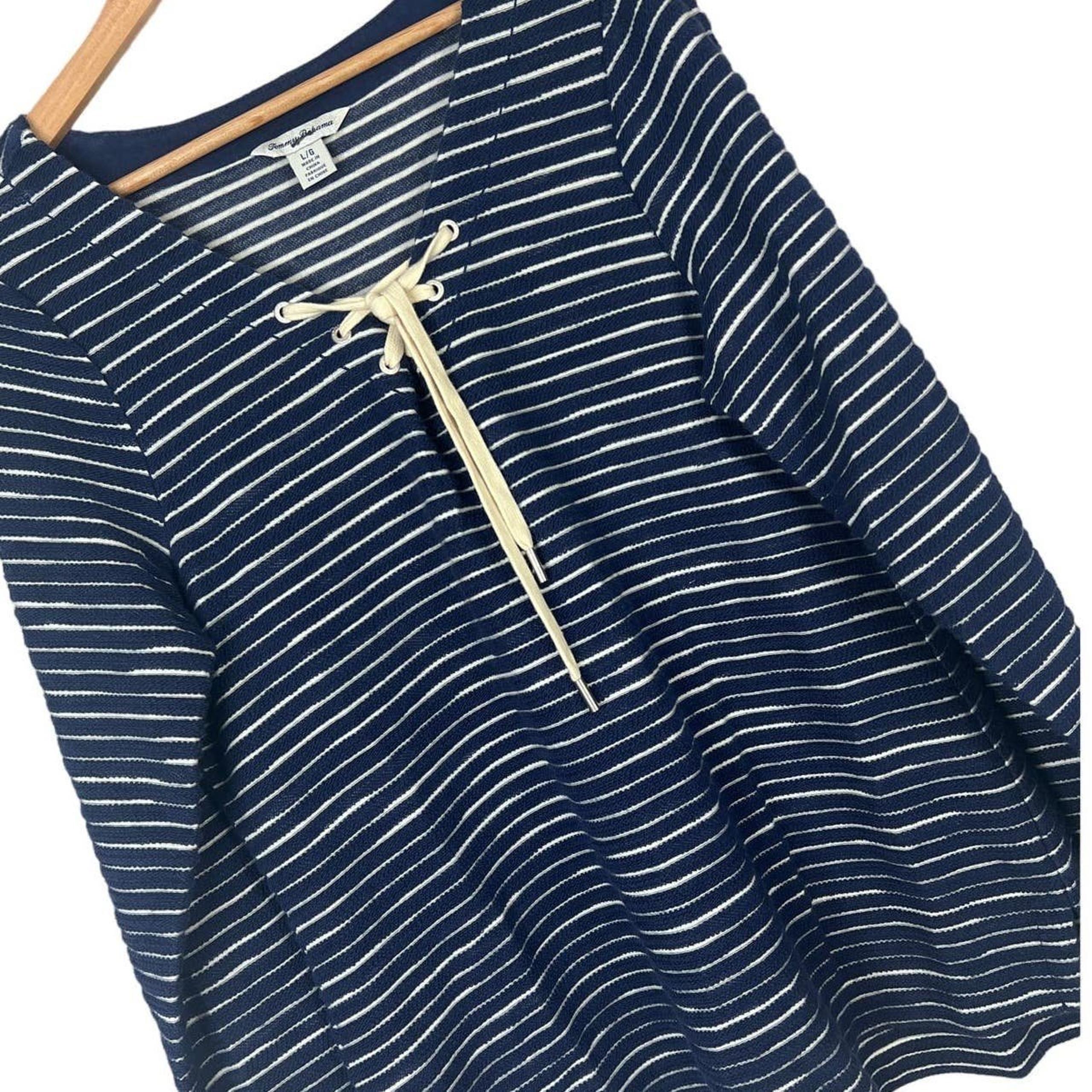 TOMMY BAHAMA Women's L Blue Catalina Striped Lace Up Pullover Tunic Top Sweater