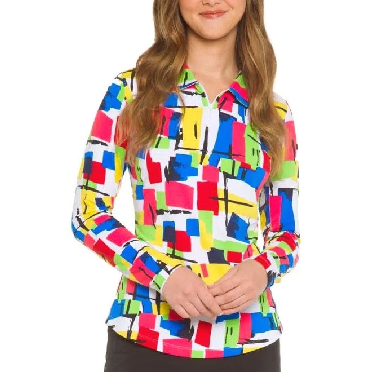 IBKUL Women's Long Sleeve Polo Mondrian Bright Multi Print Size Small UPF