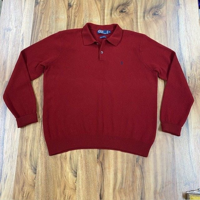Polo Ralph Lauren 100% Lamb's Wool Polo Collar Sweater Red Navy Logo XL