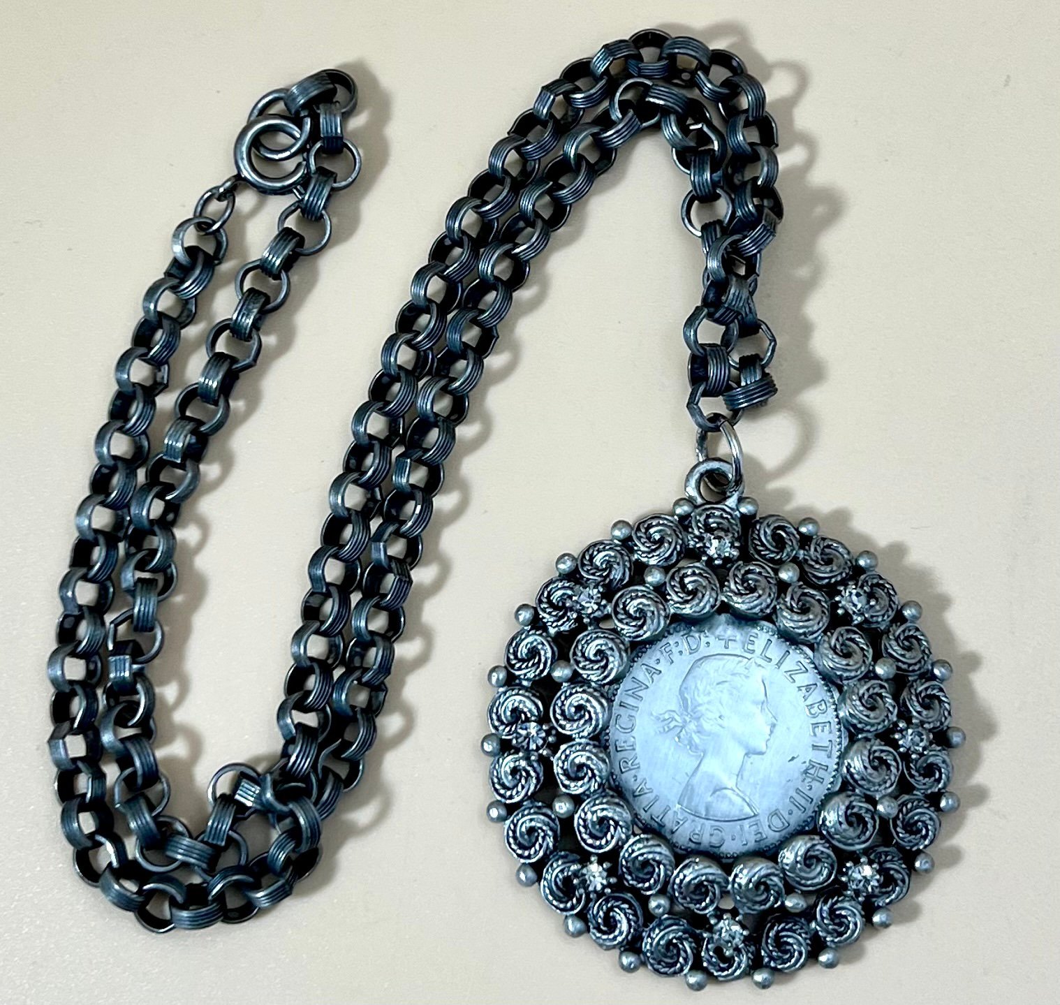 Vintage 1959 Queen Elizabeth Half Penny Necklace Ornate Design Crystals 20