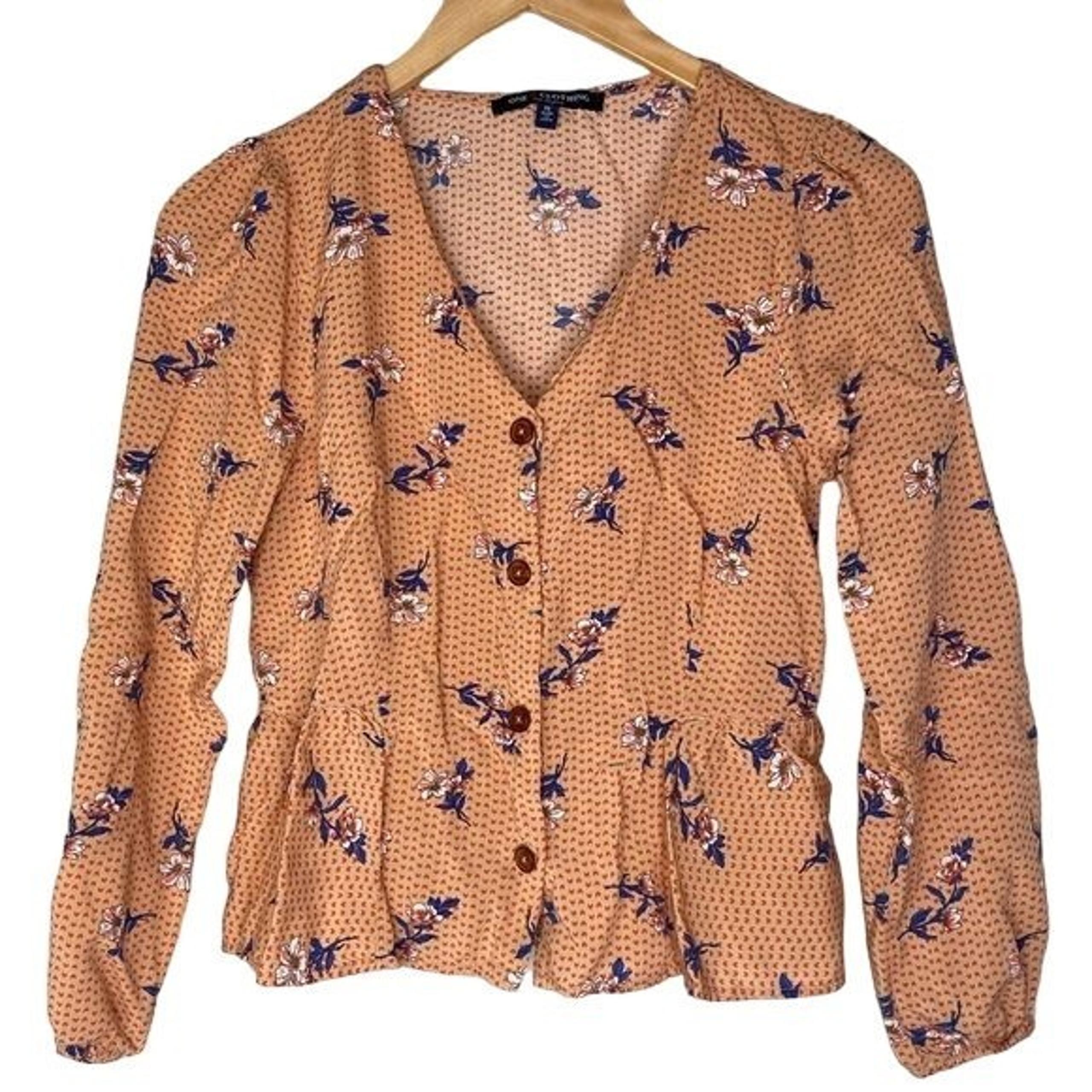 One clothing ladies button up blouse orange blue lightweight eclectic size small