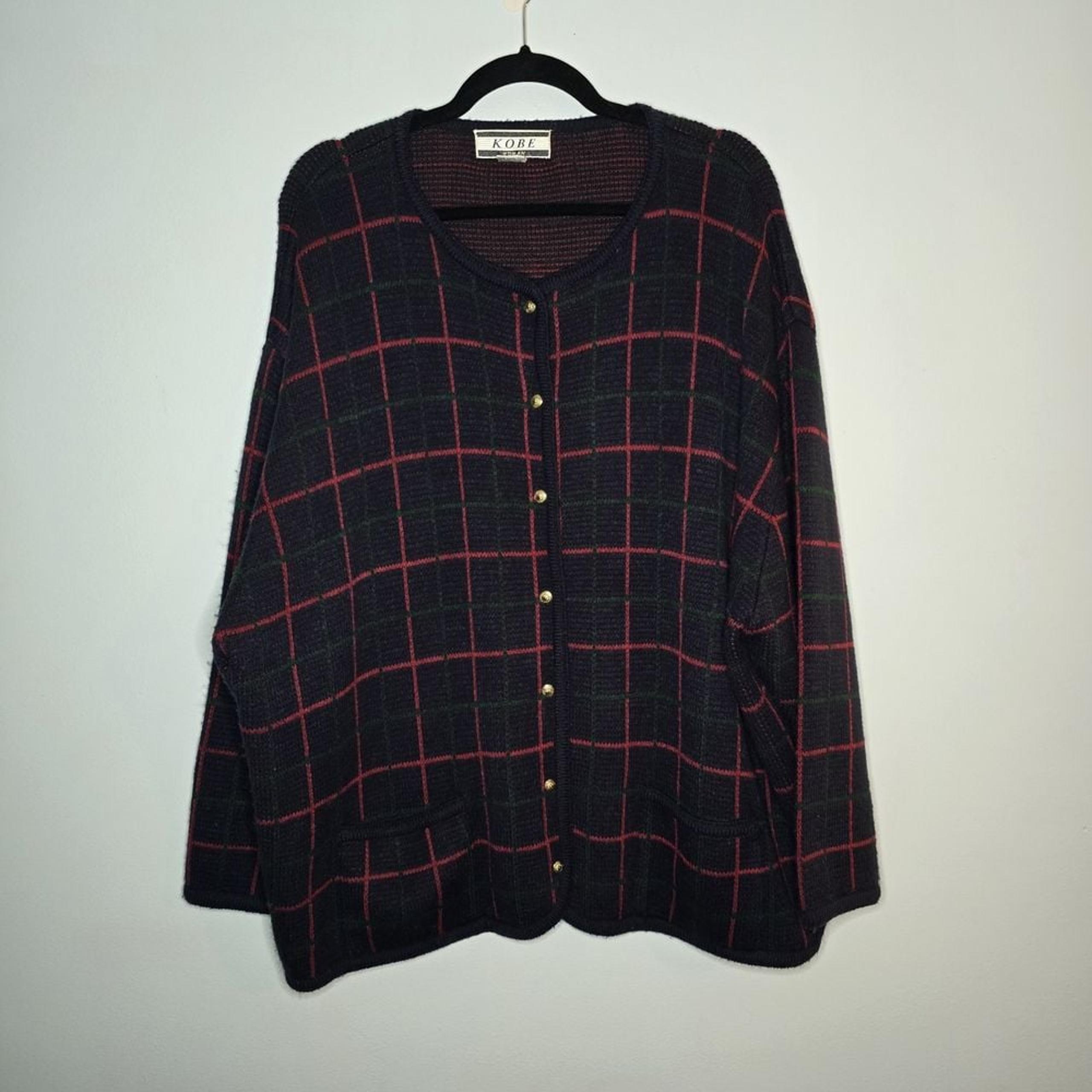 Vintage Kobe Plaid Button Up Sweater Cardigan Pockets Womens 2X Preppy