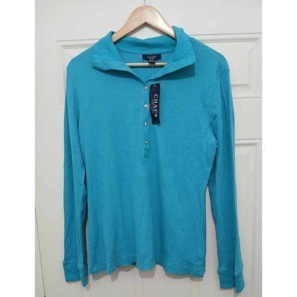 Chaps womens xl aqua blue thermal longsleeve Henley Top stretch knit shirt