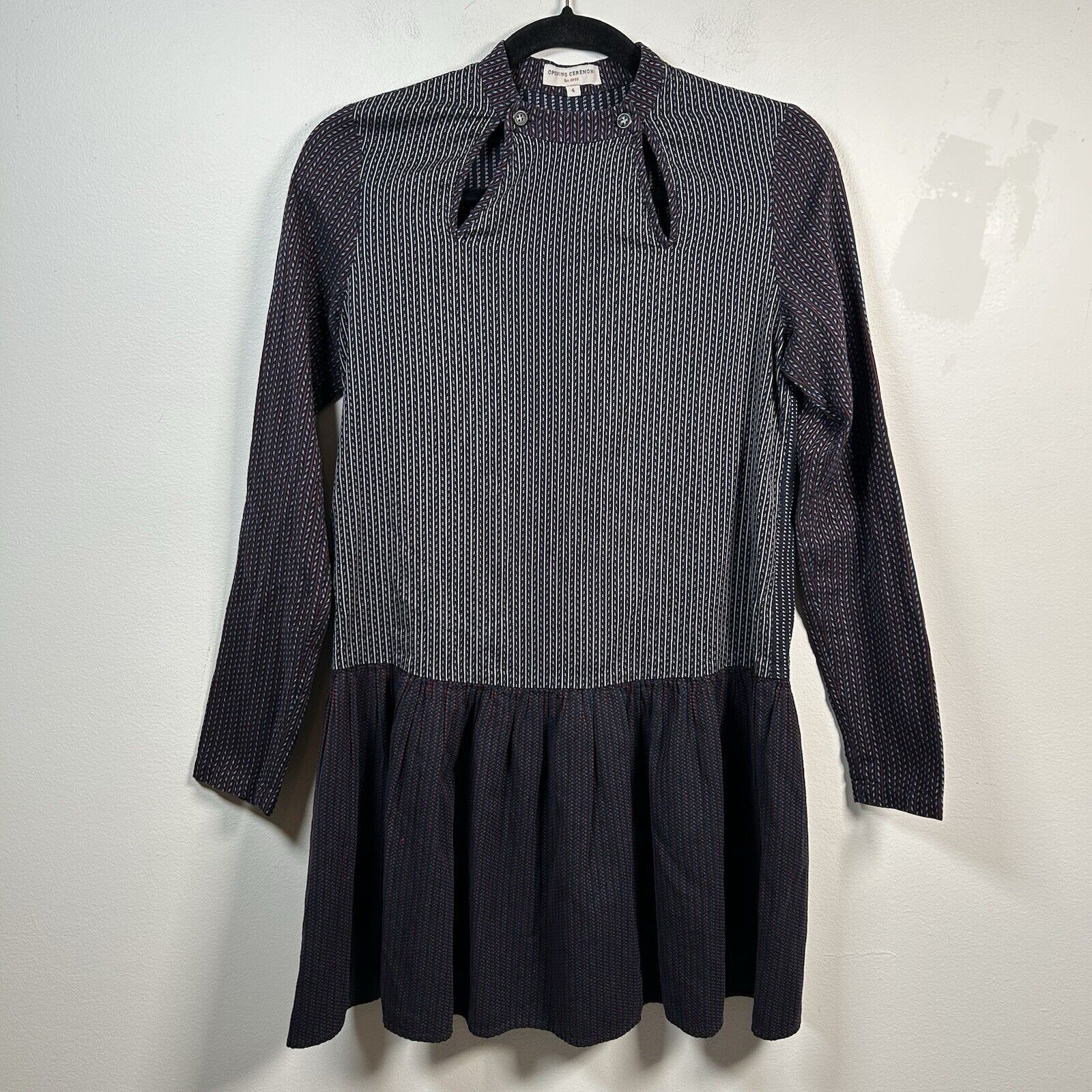 Opening Ceremony Mixed Print Fit & Flare Mini Dress Long Sleeve Navy Blue Size 4