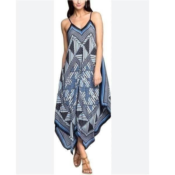 Nic+Zoe Calypso Silk Asymmetrical Midi Dress in Blue Size Small