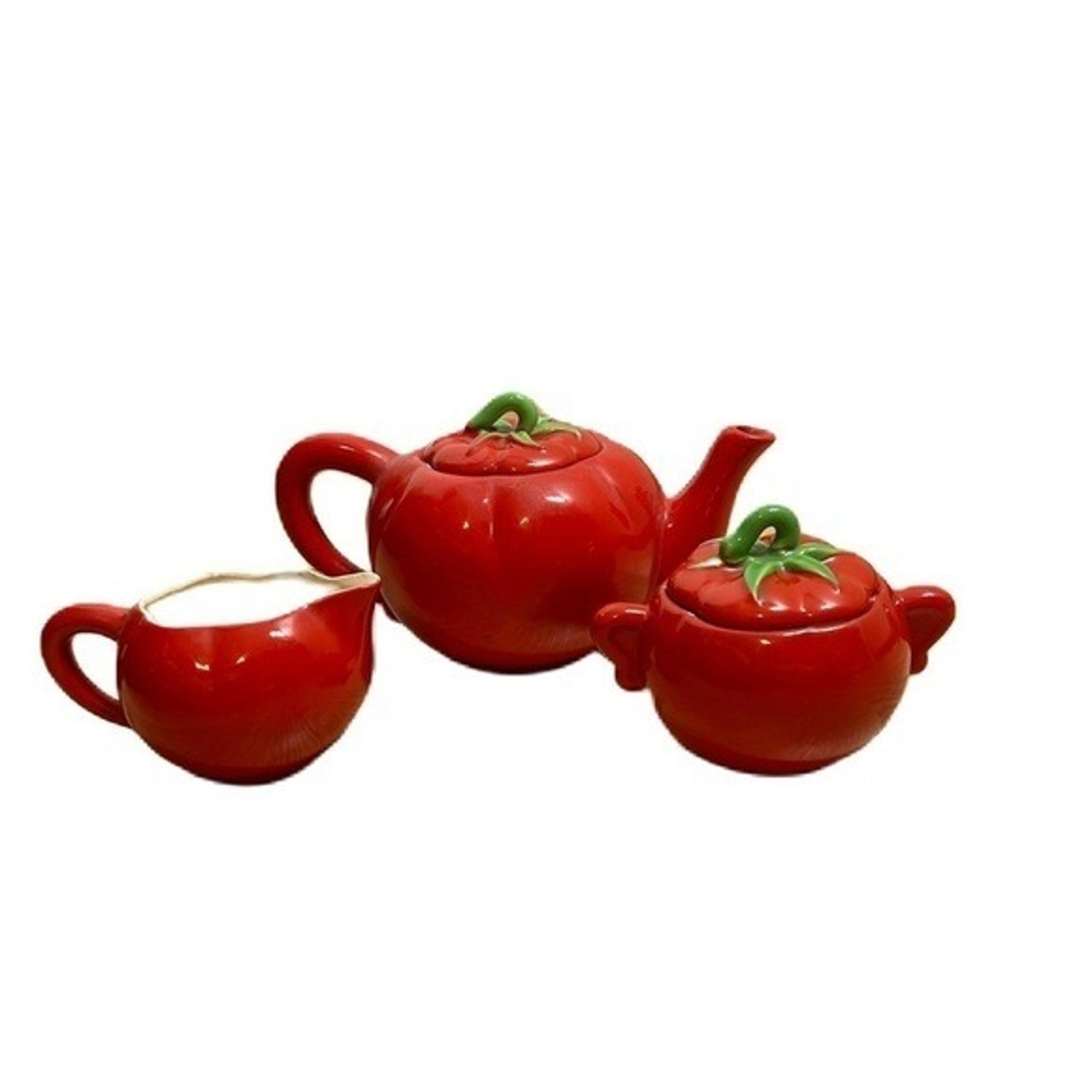 Vintage Tomato The Pantry Parade Tea Pot Creamer Sugar Bowl Set Kitschy MCM