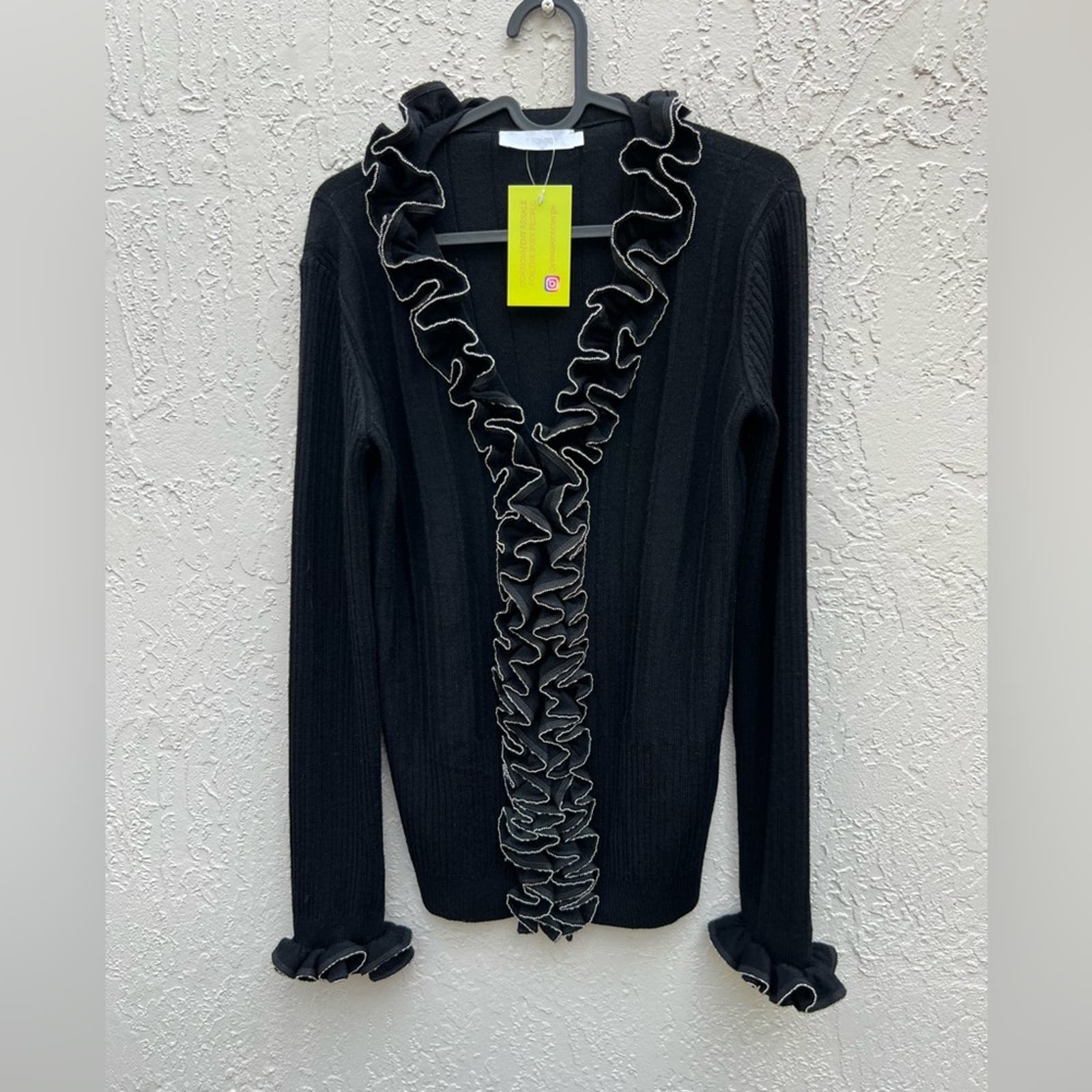 Anne Fontaine Paris black 100% wool ruffle cardigan size FR 42/ US 10