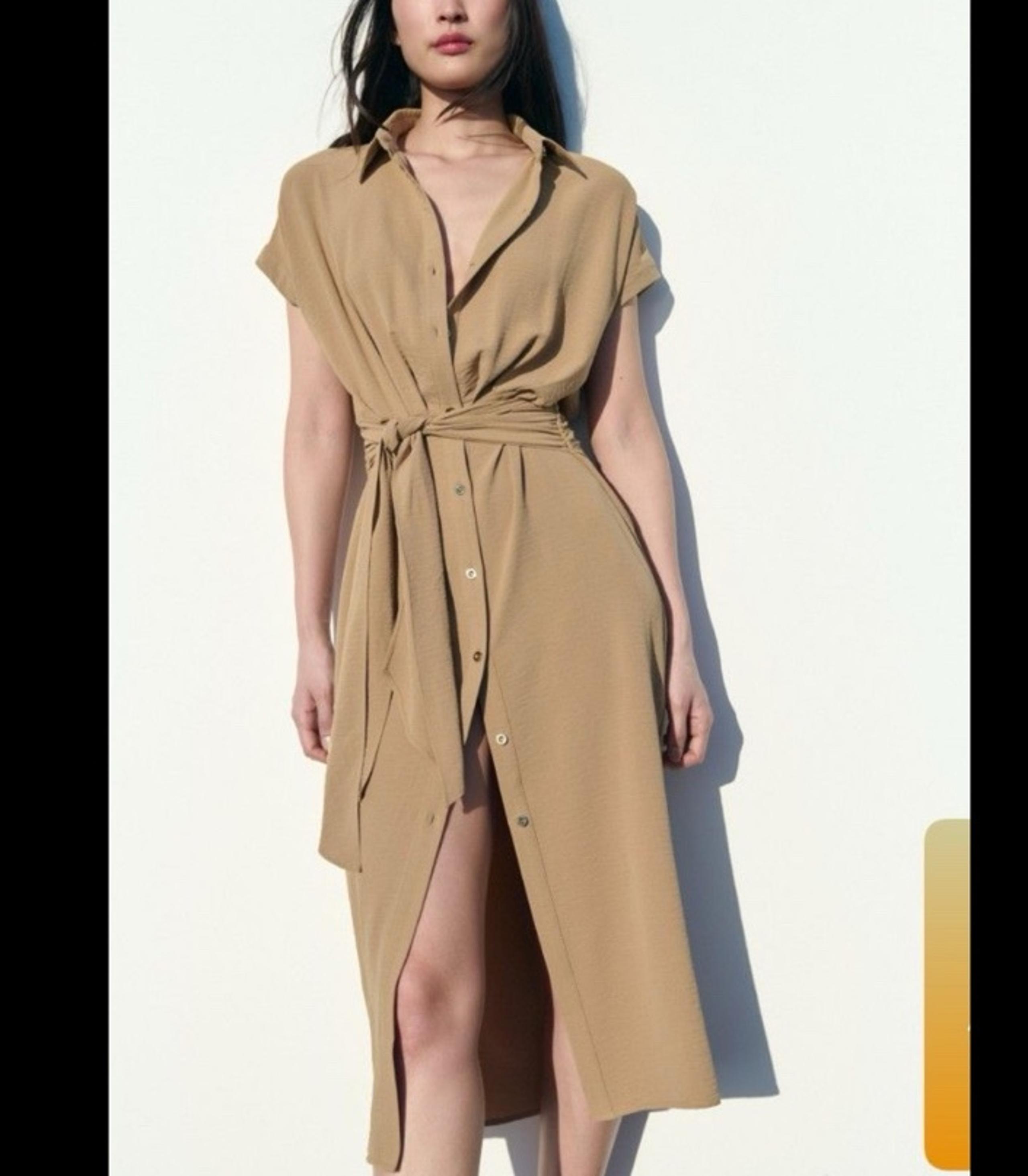 Zara Button Down Belted Midi Shirt Dress Women Size XS Camel Collar Modern Sexy