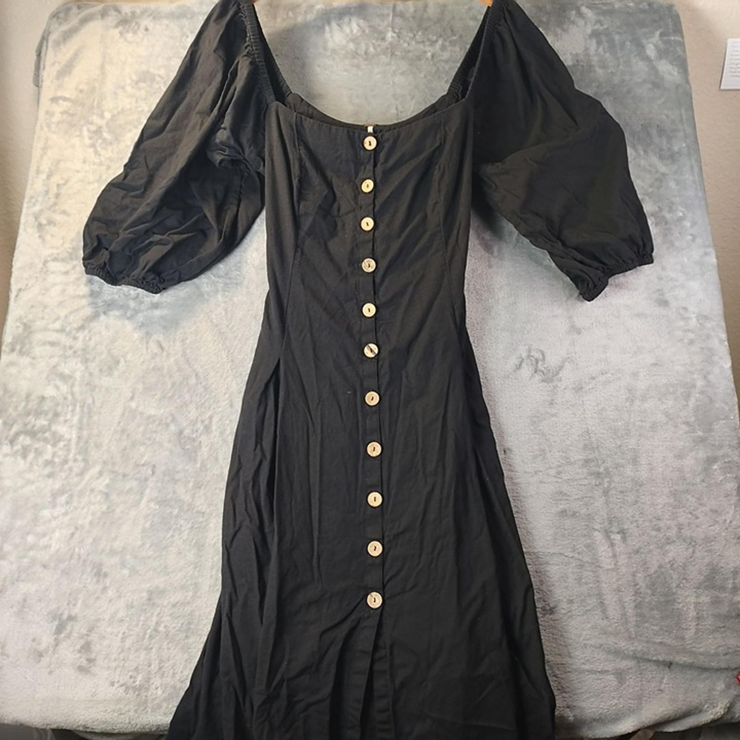 Free People Women’s Puff Sleeve Midi Dress L Black Button Front Cottagecore Boho