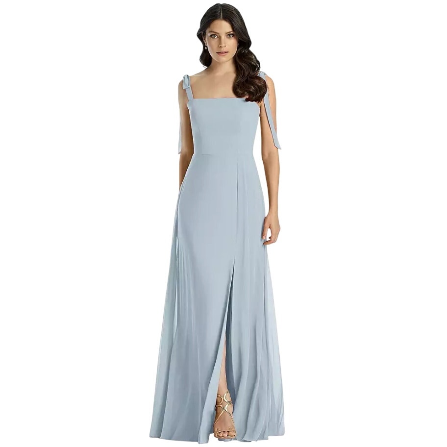 Dessy Collection Tie-Shoulder Chiffon Maxi Dress with Front Slit in Mist 10 NWT