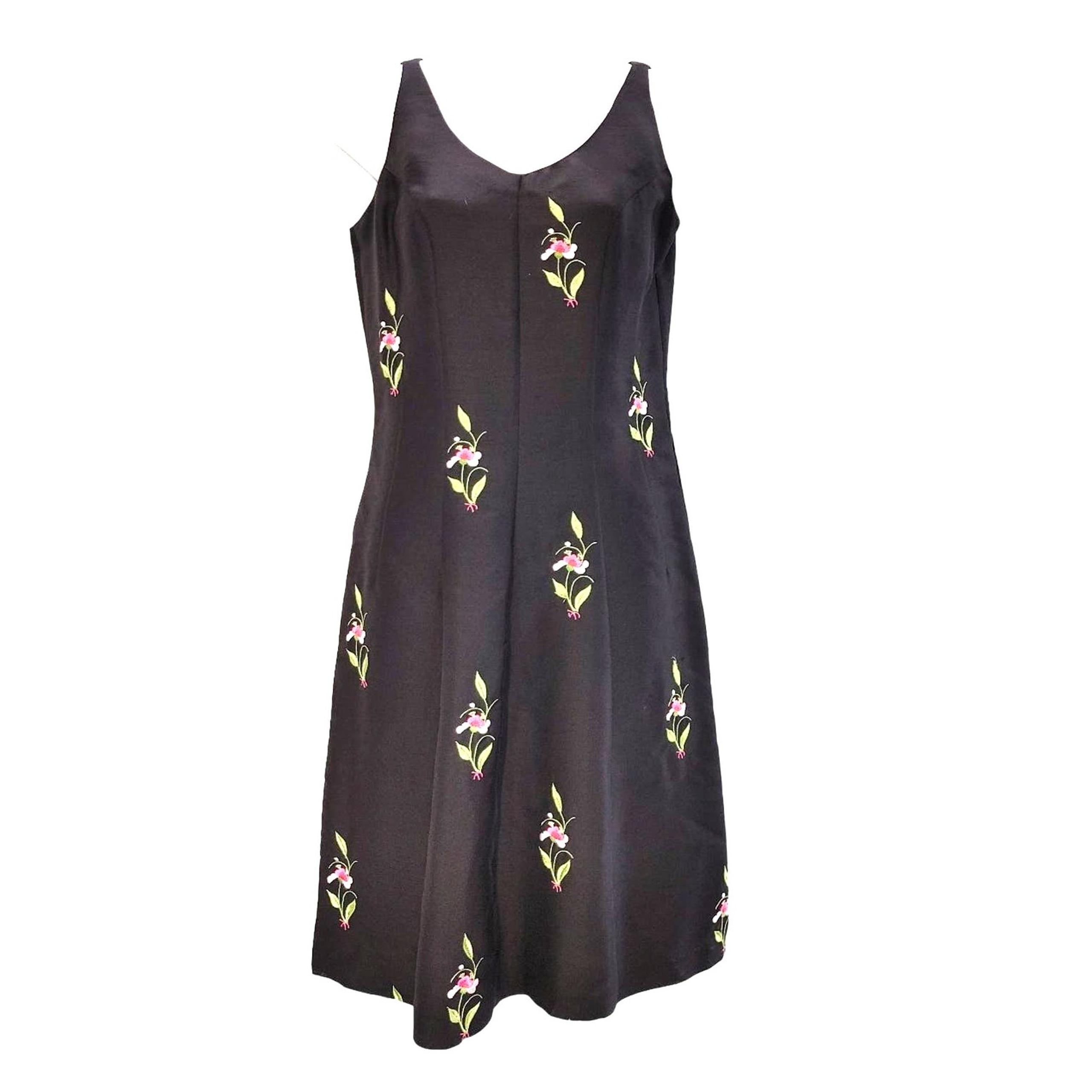 Tibi Silk Short Dress Sleeveless Fit & Flare Embroidered Flower Black Women 6