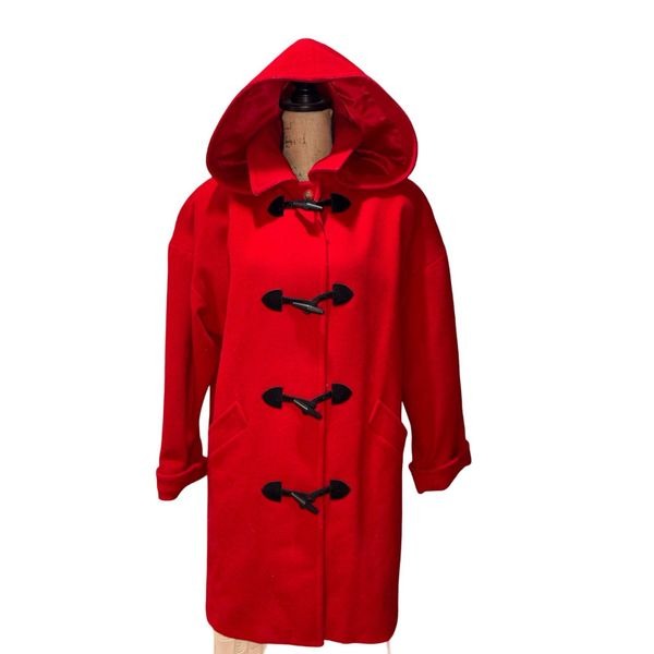 Mackintosh Red Wool Blend Hooded Duffle Coat Black Toggle Fasteners size 12P