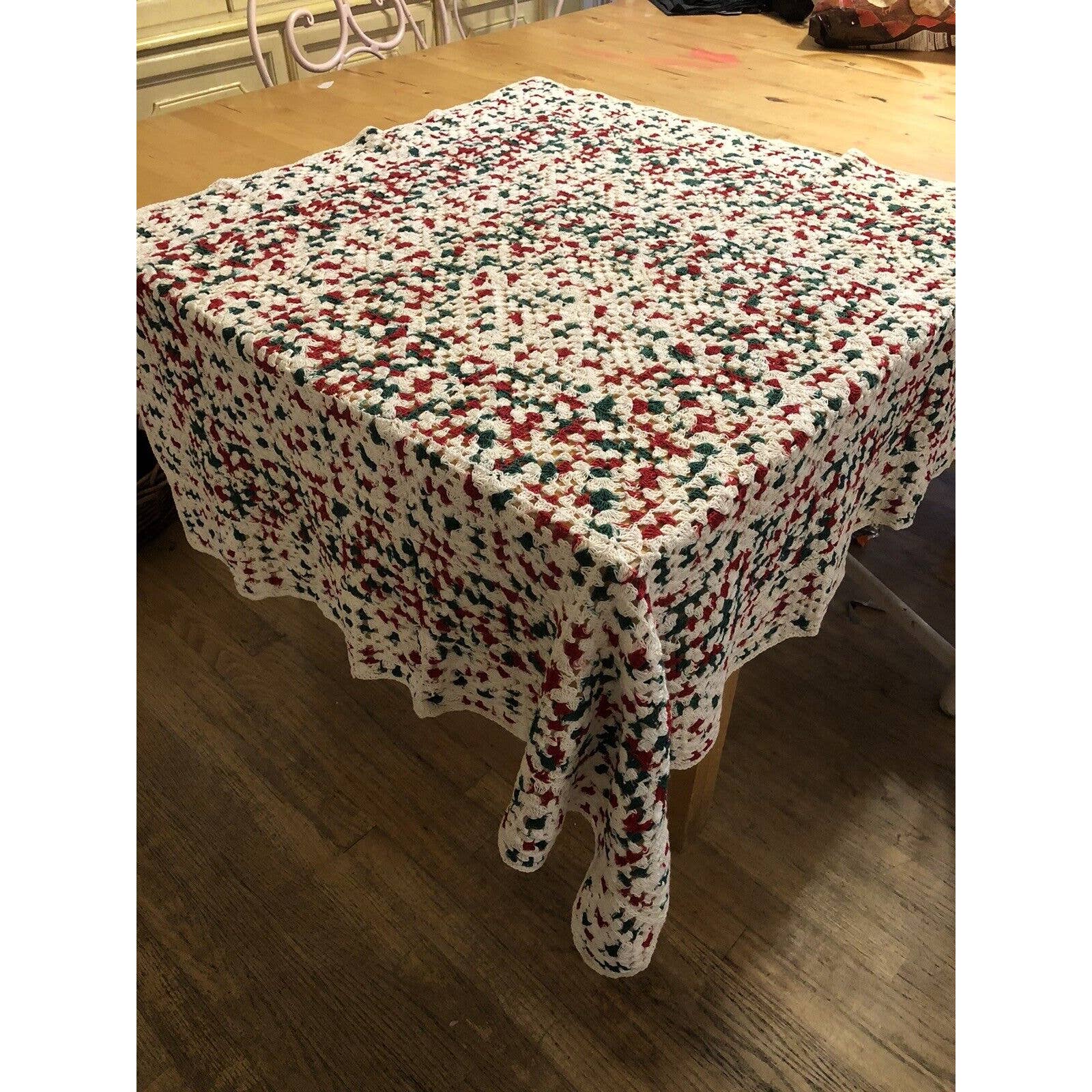 Vintage Handmade Crochet Square Red Green White Square Tablecloth 39x41