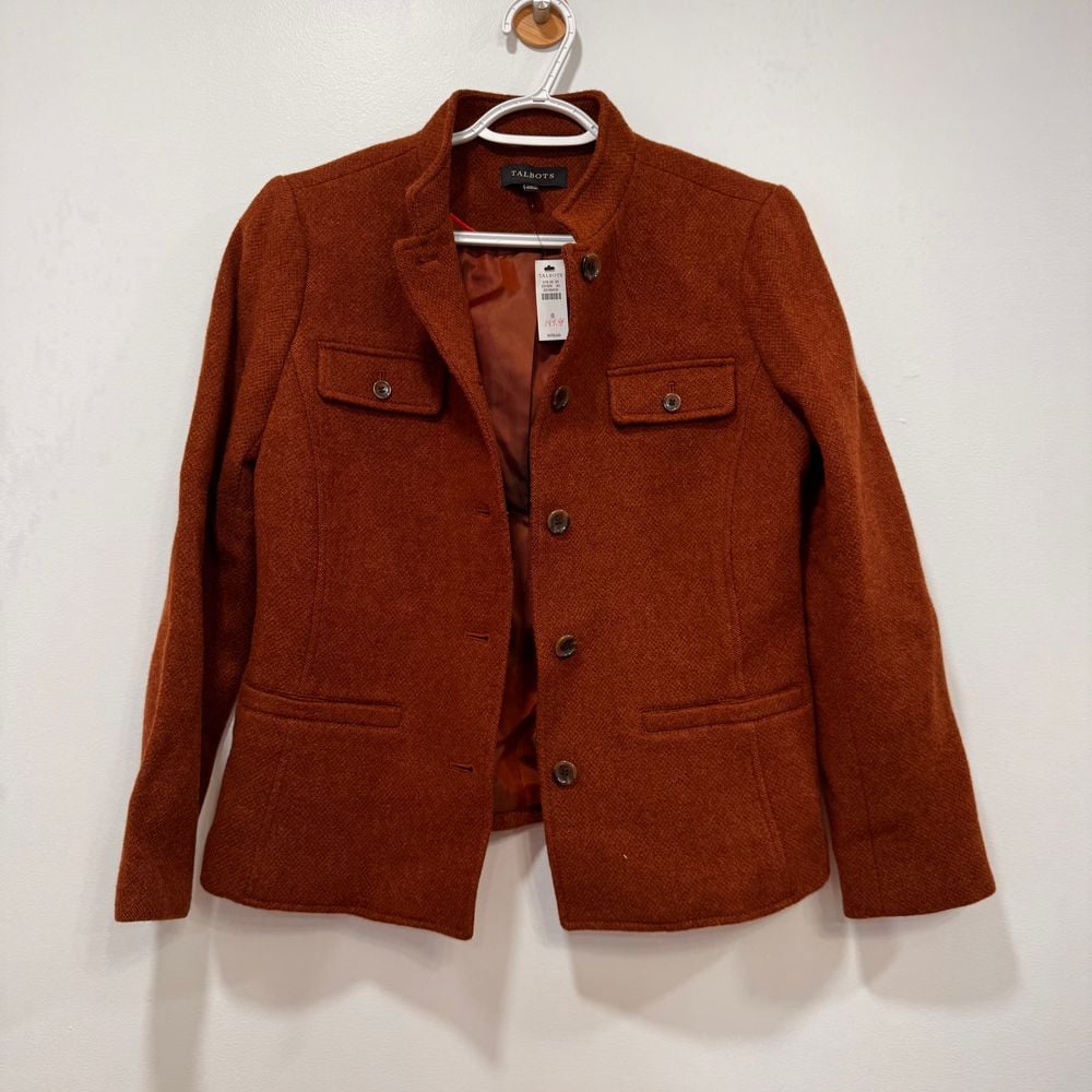 Talbots Womens Blazer 8 Wool Academia Brown Knit Pocket Career Jacket Button NEW