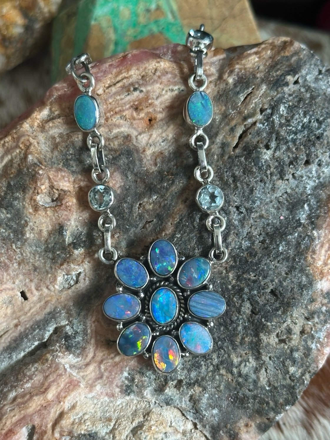 Australian opal cluster blue topaz southwestern sterling silver necklace