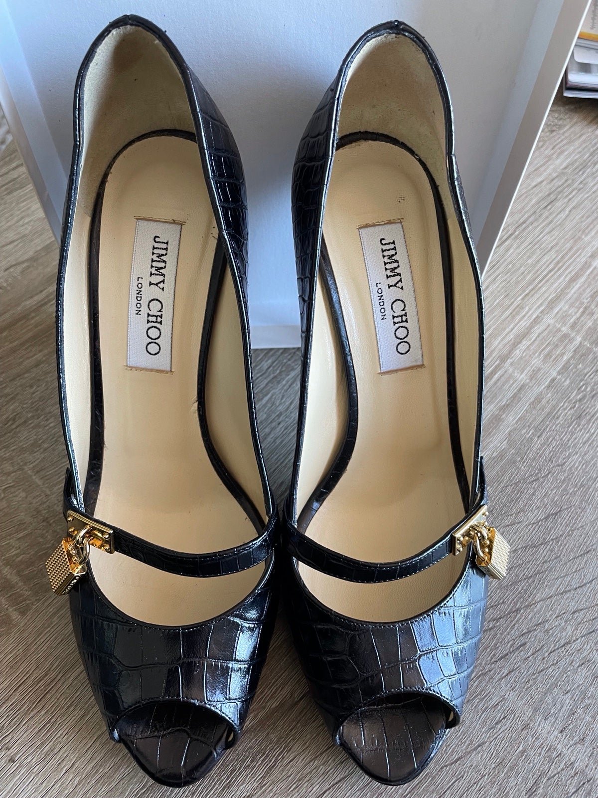 Jimmy Choo black printed “mock croc” leather shoes size 38