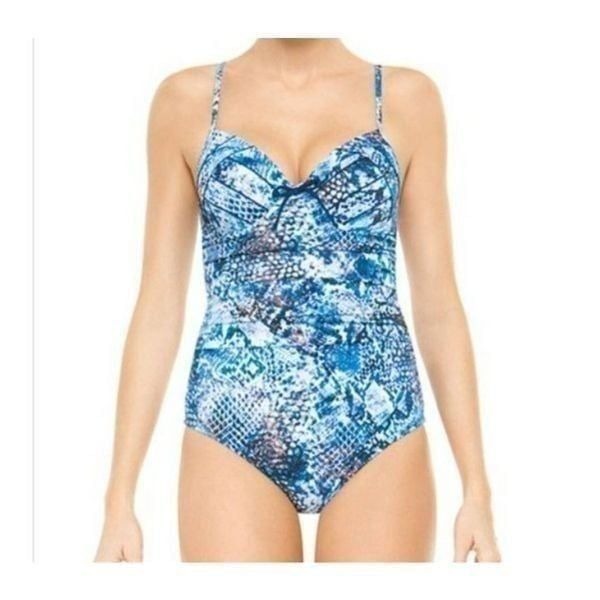 SPANX Blue Python BRA LLELUJAH Bathing 1 pc Swim Suit sz 10B/C